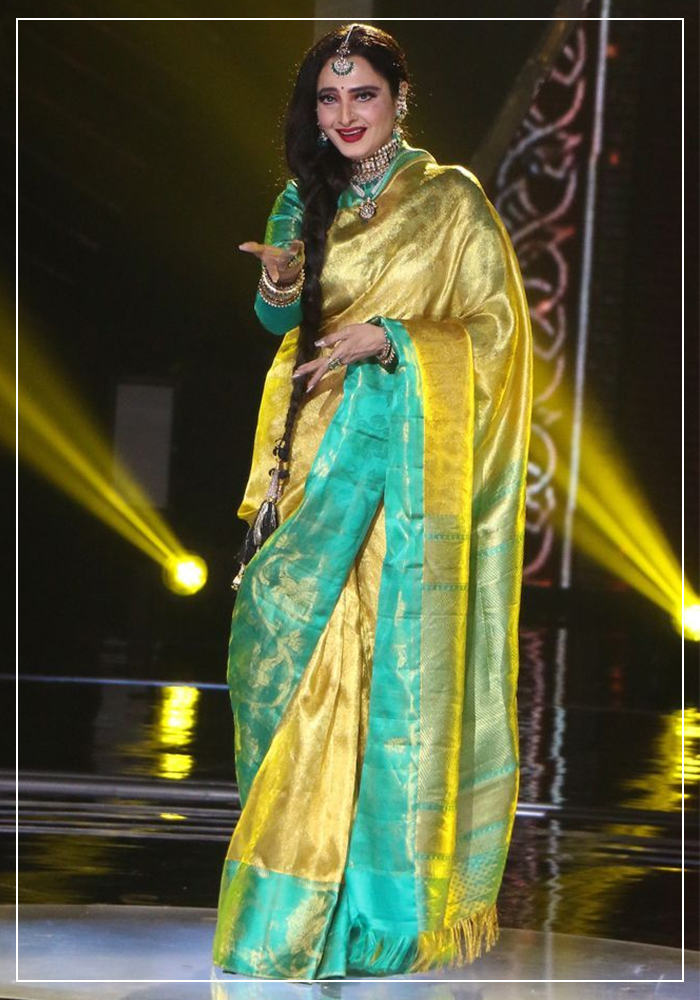 Rekha ji wearing turquoise blue and golden saree