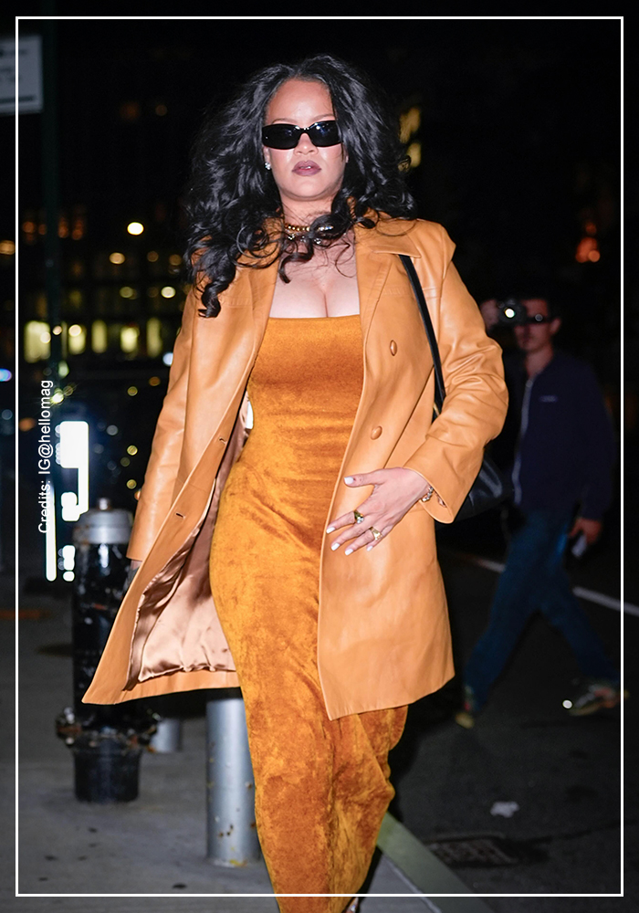 Rihanna suede dress with trench coat