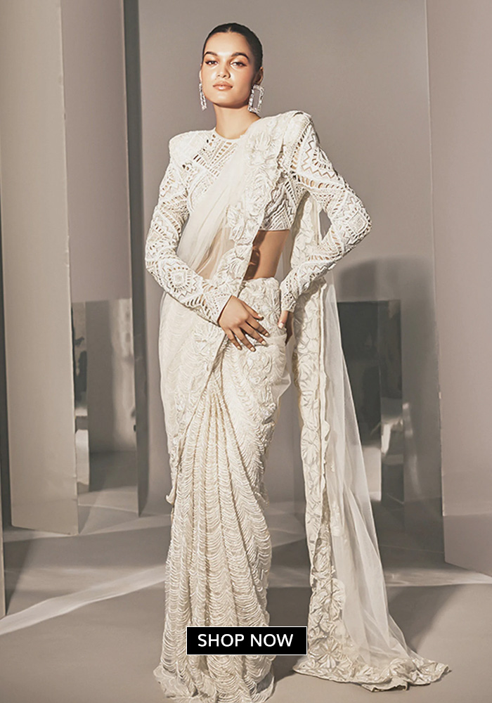 Ritika Mirchandani ivory cutwork saree