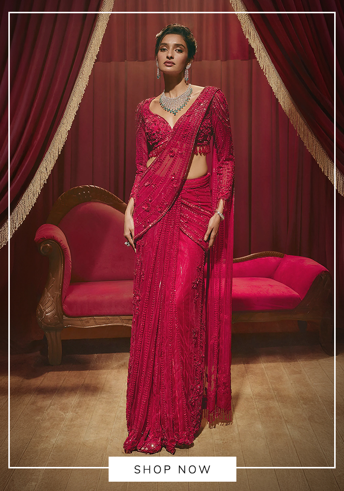 Roqa's red pre-draped net saree for sagai