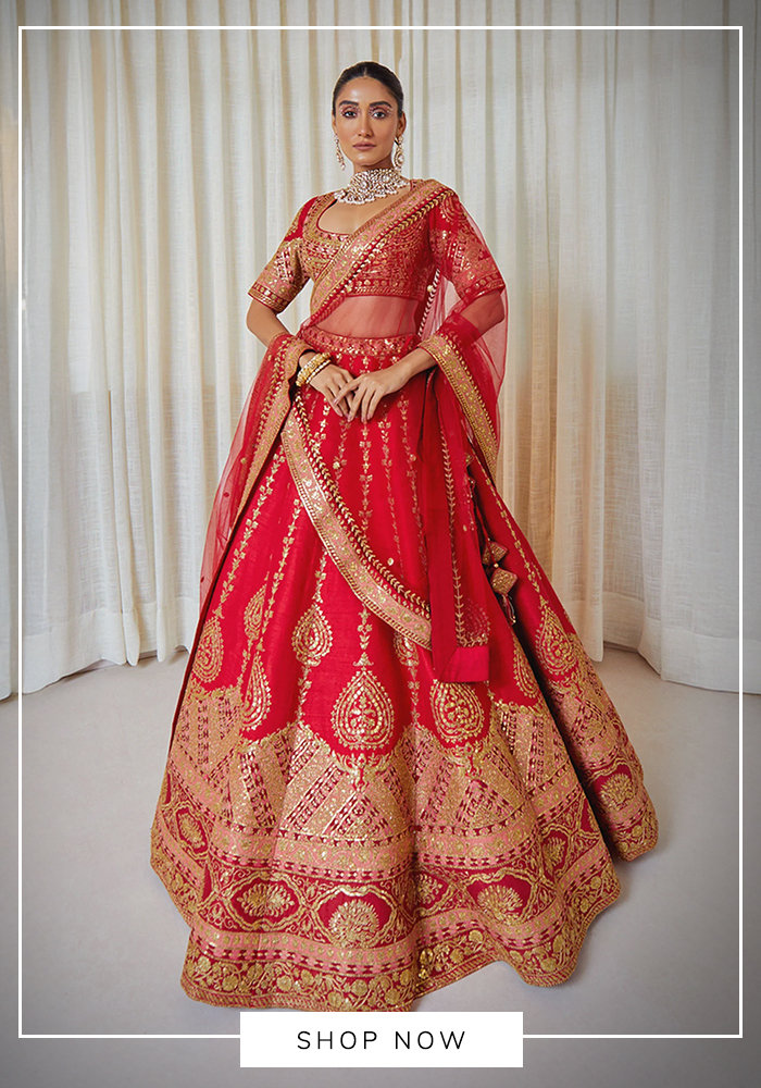 Ruby red pallavi poddar bridal lehenga