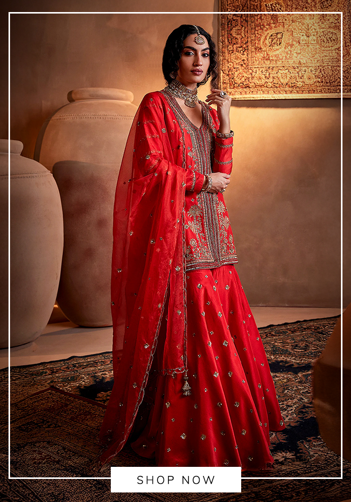 Scarlet silk embroidered kurta gharara set
