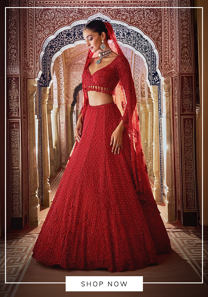 Seema Gujra cherry red tonal embroidered bridal lehenga