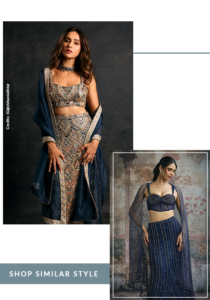 Shibani Dandekar in Payal Singhal blue lehenga set