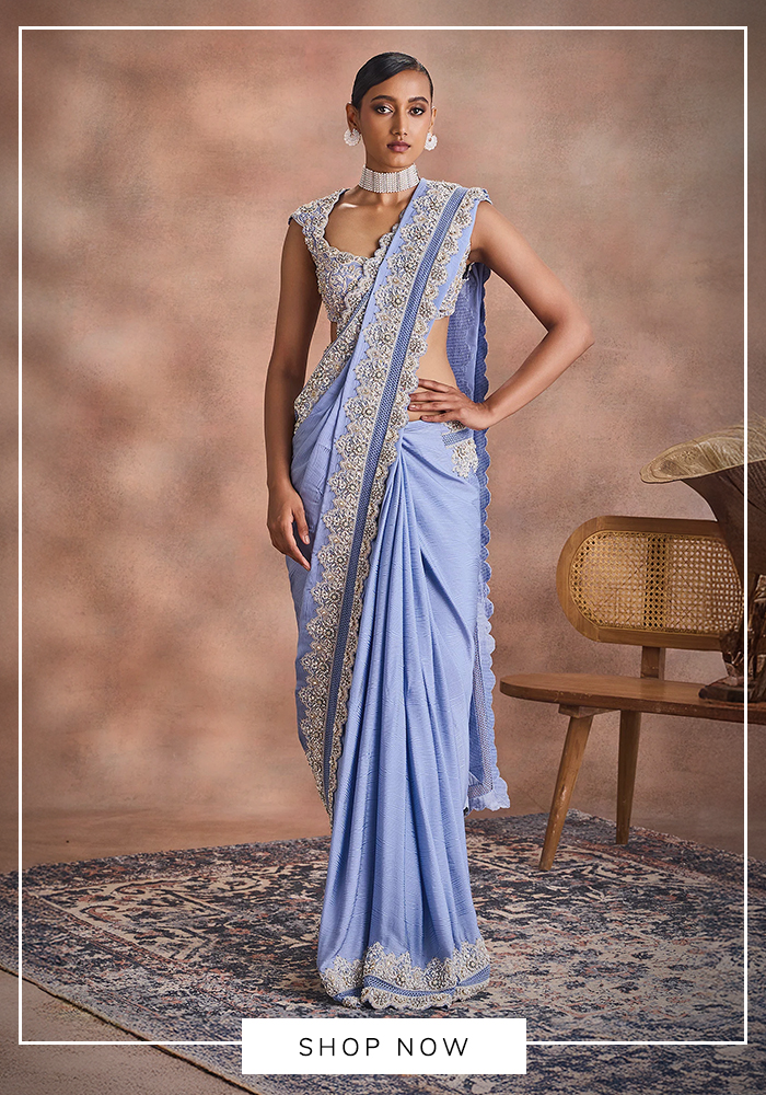 Supriya Munjal scalloped-edge blue saree