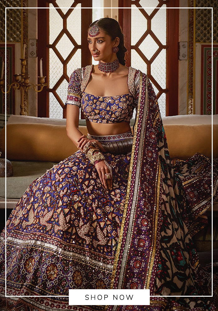 The Royaleum blue pearl embellished bridal lehenga set for sagai
