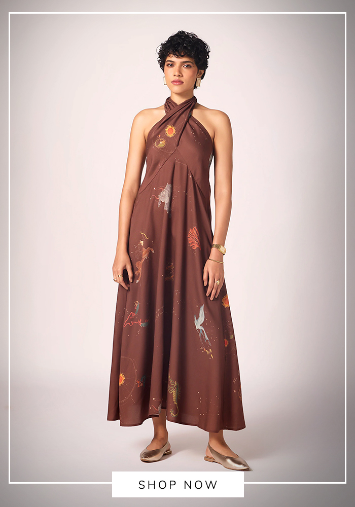 The Summer House zodiac printed brown halter neck maxi dress