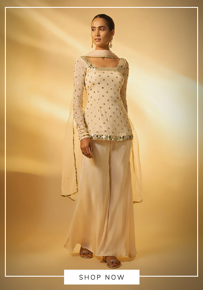 Vana Ethnics mirror work white top and palazzo set