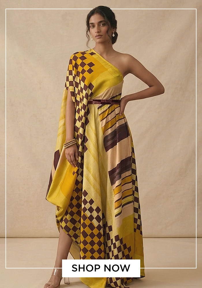 Vedika M golden hour one-shoulder draped dress