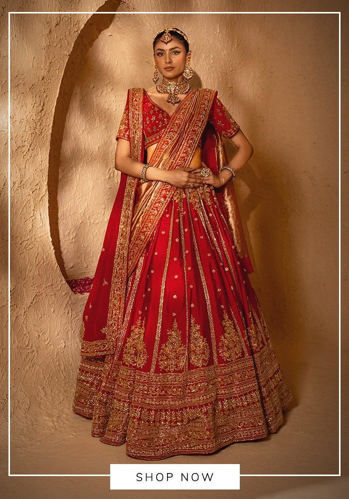 Vermillion red hand embroidered lehenga