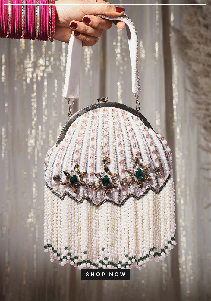 White beaded batua bag