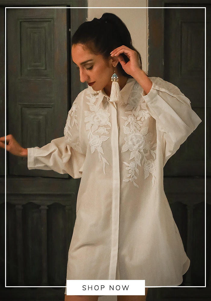 White cotton patchwork shirt dress