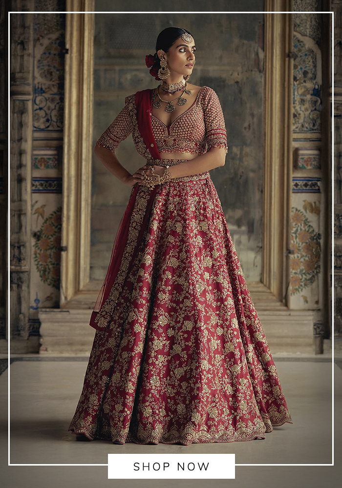 Wine red nitika gujral bridal lehnega