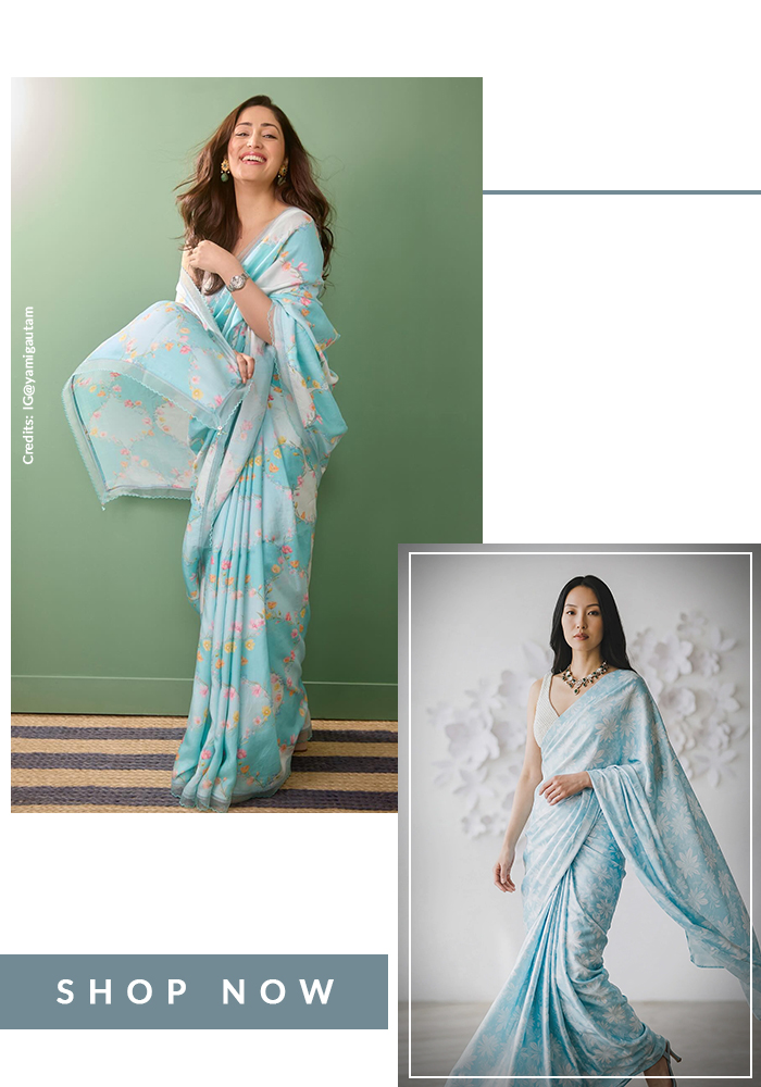 Yami Gautami wearing sky blue satin floral printed saree