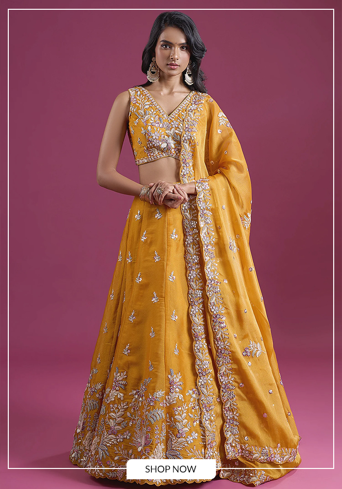 Yellow floral hand embroidered lehenga set
