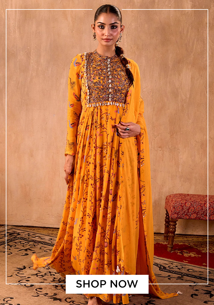 Yellow floral print anarkali