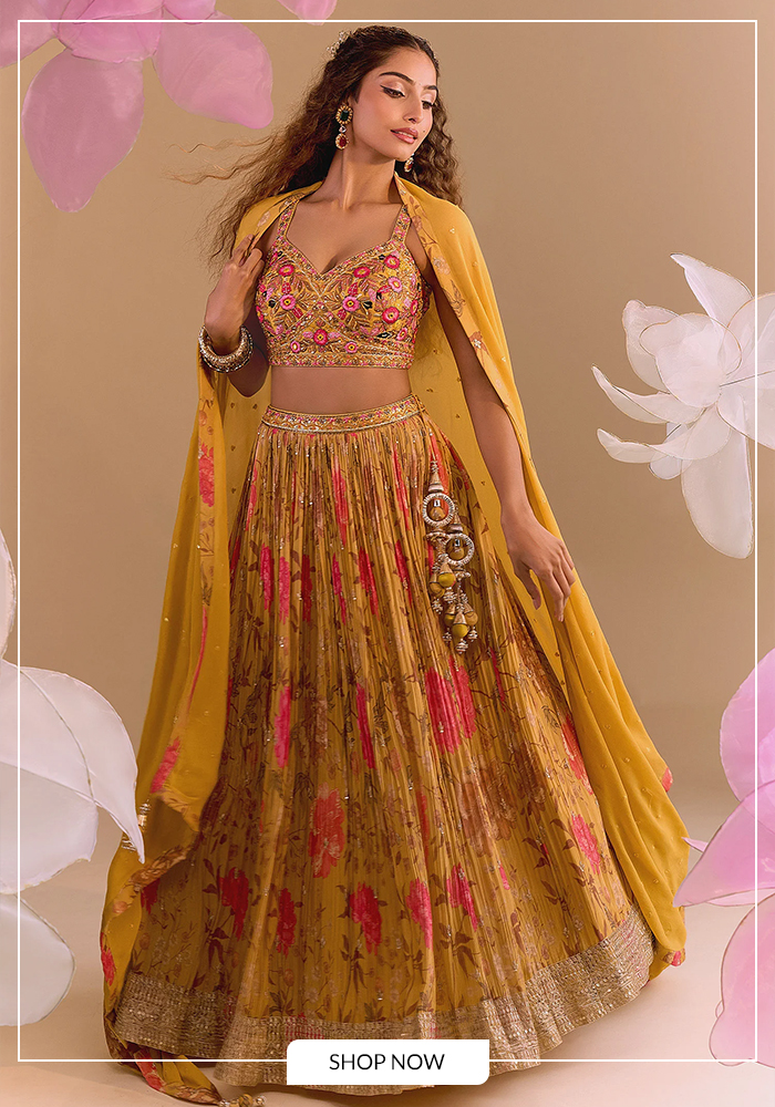 Yellow hand embroidered lehenga