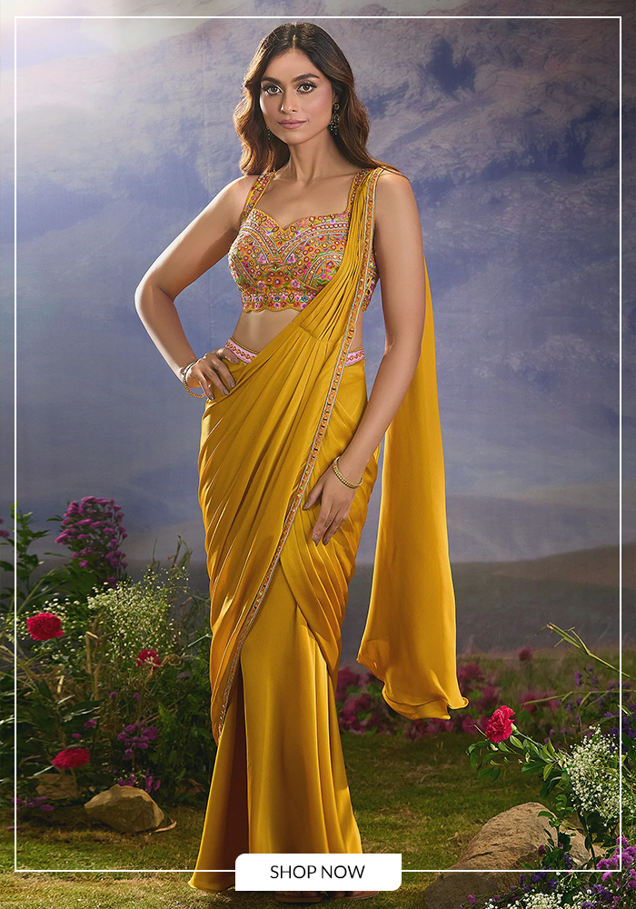 Yellow pre-draped pant saree