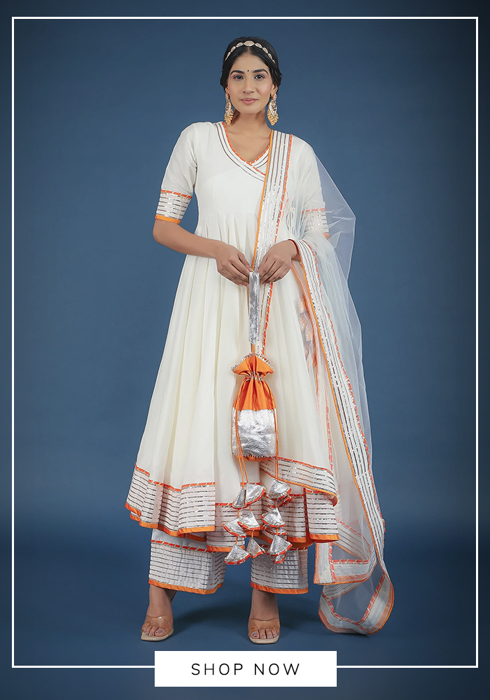 3. Pomcha Jaipur – Off White Cotton Silk Angrakha Pant Set 