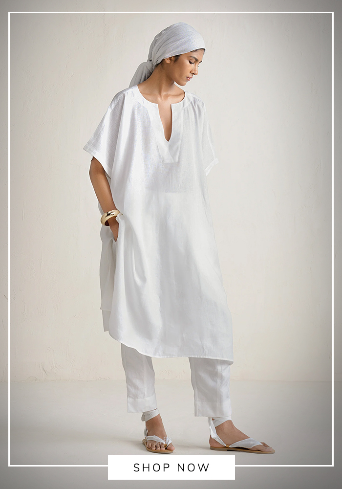 4. Ituvana – White Linen Kaftan & Pant Set 