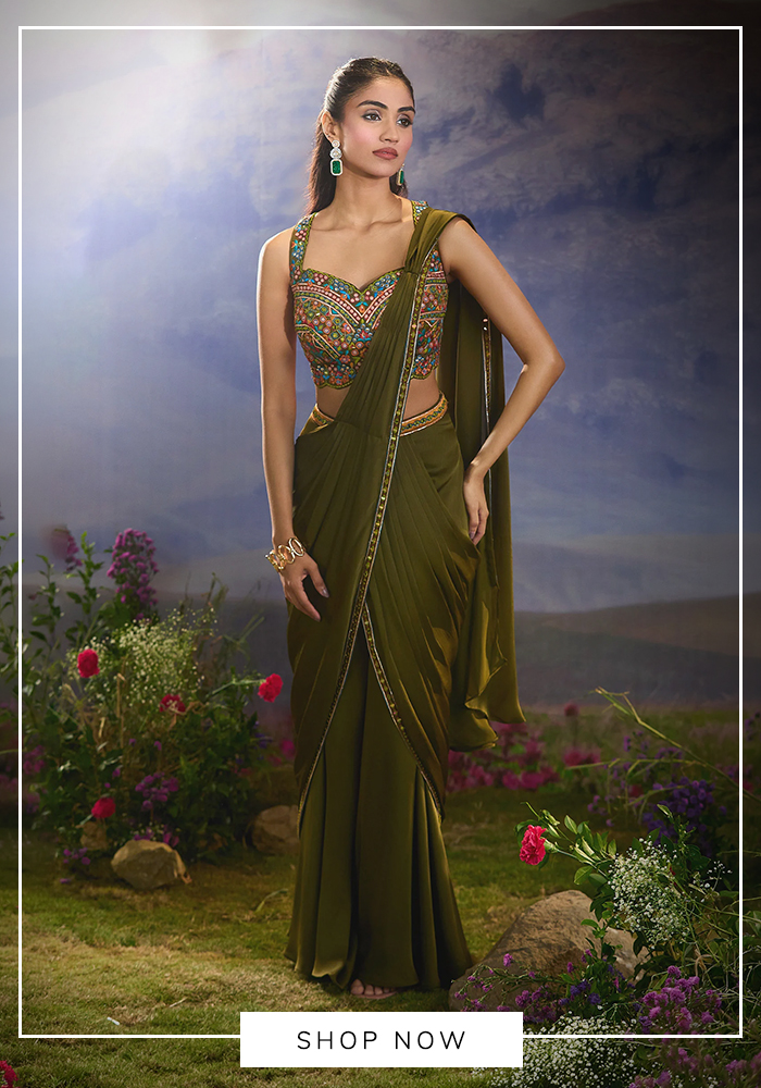 Aariyana Couture Mehendi Green Pre-Draped Chiffon Saree