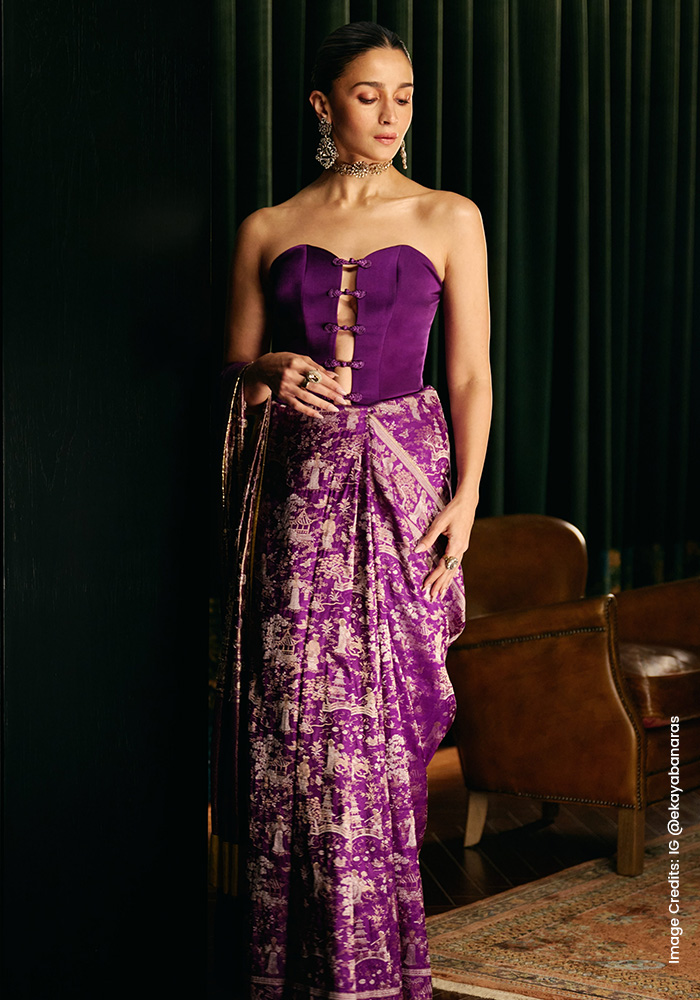 Alia Bhatt in purple Ekaya Banaras saree with tie-up corset blouse