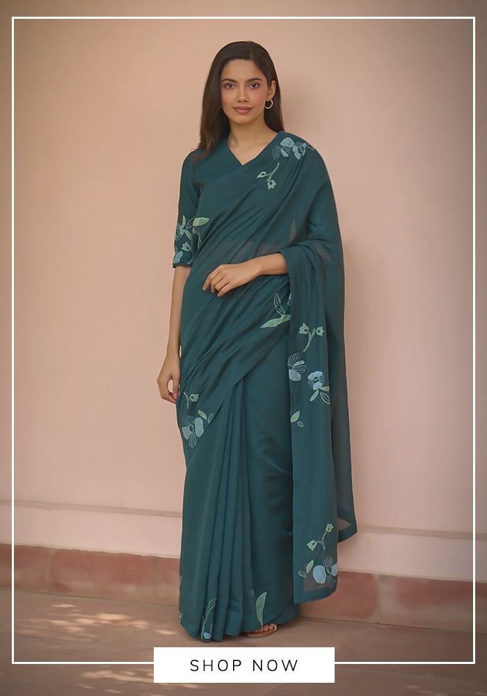Applique Printed Jade Green Saree