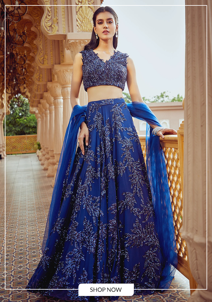 Applique sequin embroidered blue lehenga set for wedding