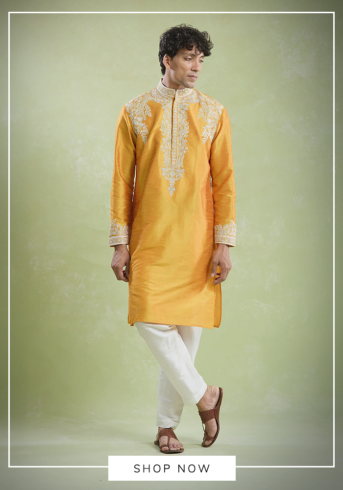 Arihant Rai Sinha floret embroidered yellow kurta pant set