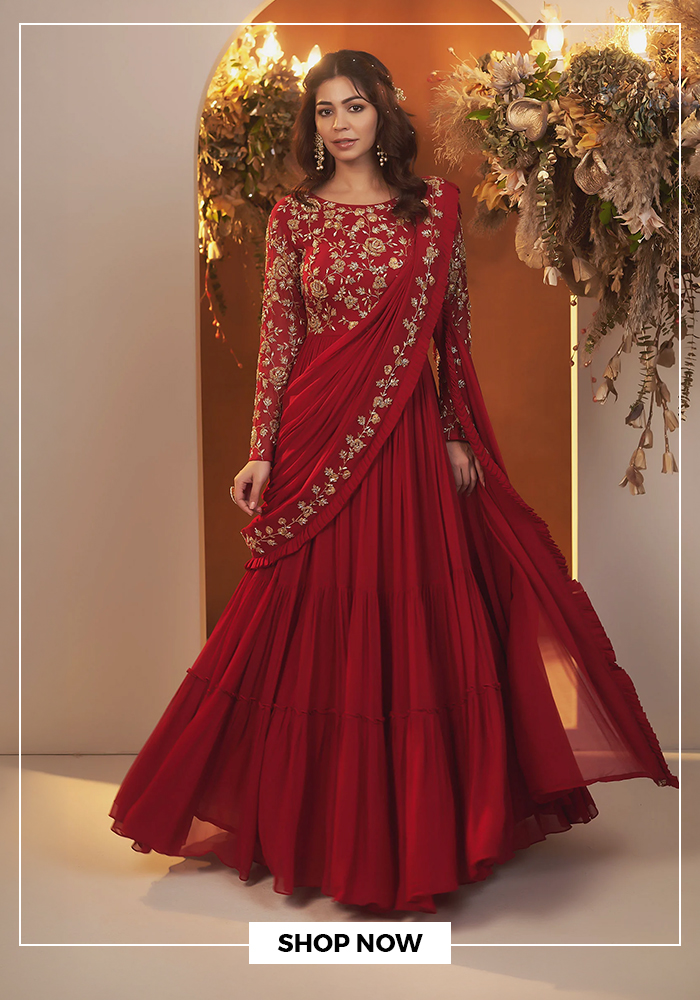 Baidehi floral motif red lehenga saree