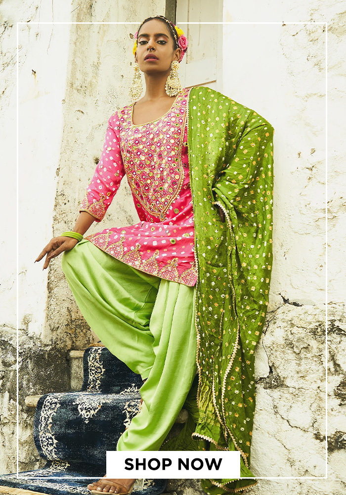 Bandhani temple motif kurta set