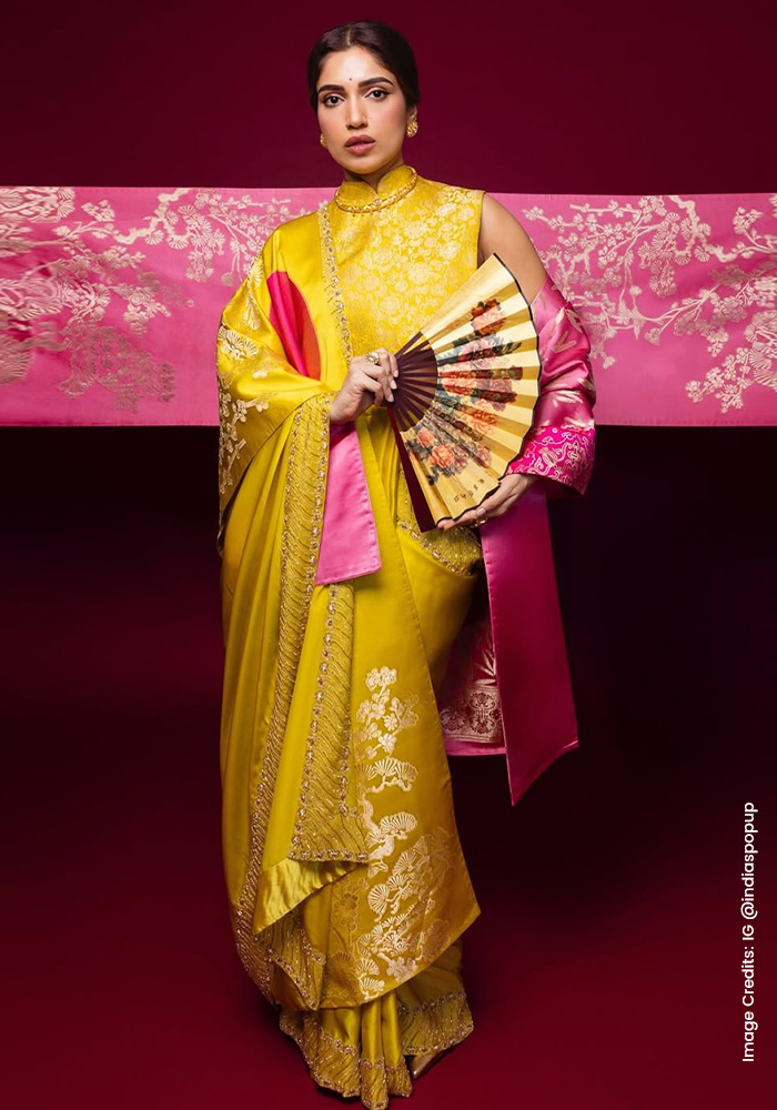 Bhumi Pednekar in yellow Ekaya Banaras saree