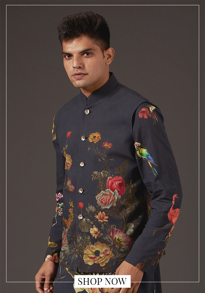 Black linen floral printed bundi kurta set