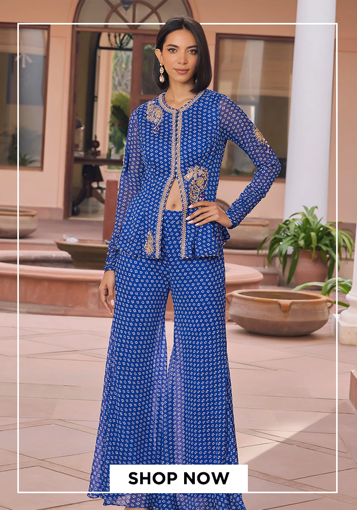 Blue bandhani print top and sharara pant set