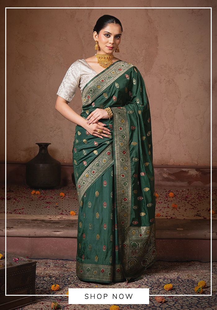 Bottle Green Hand Embroidered Saree