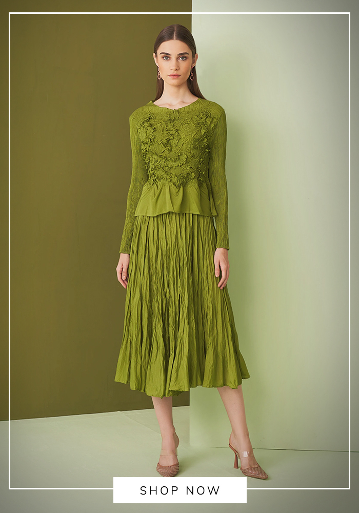 Chatreuse hand embroidered top and skirt set