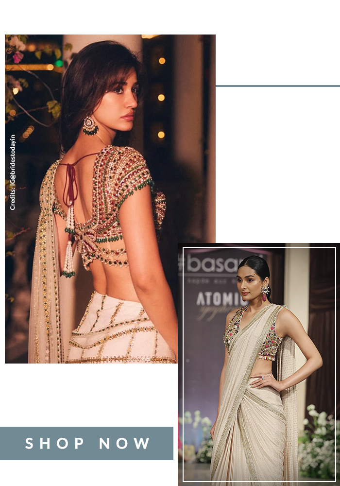 Disha Patani in a bead embellished blouse with ivory saree