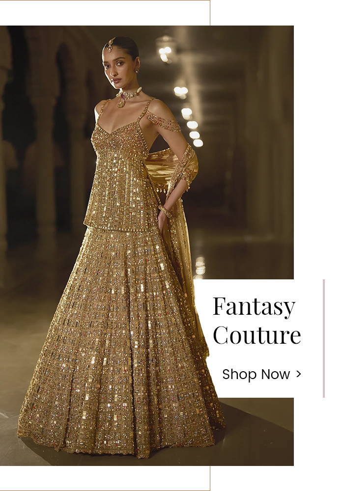 Model wearing an embellished gold designer lehenga representing the Fantasy Couture aesthetic inspired by fantasy books