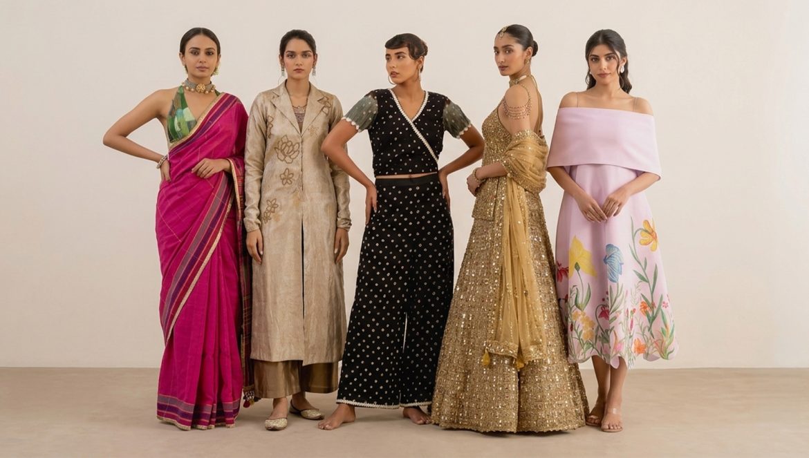 Five women in designer outfits representing fashion styles inspired by book genres including Romantic Florals, Fantasy Couture, Monochrome Muse, Heritage Weaves, and Modern Minimalism.