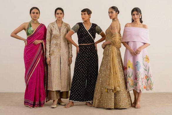 Five women in designer outfits representing fashion styles inspired by book genres including Romantic Florals, Fantasy Couture, Monochrome Muse, Heritage Weaves, and Modern Minimalism.