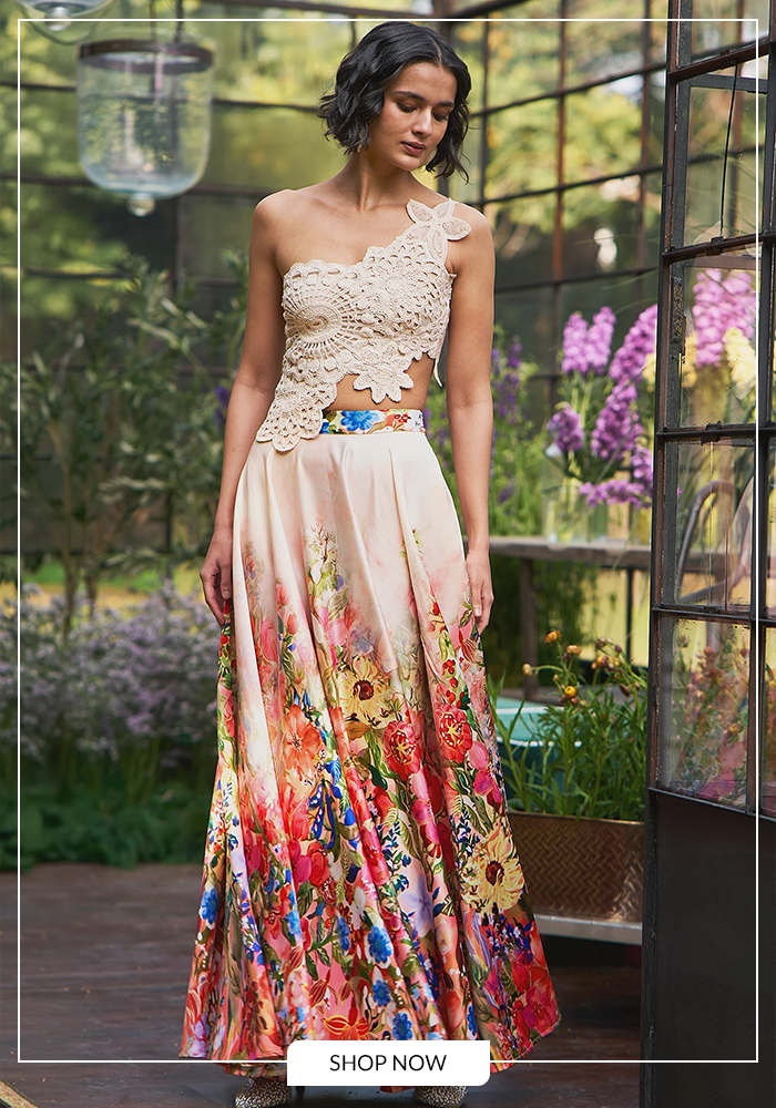 Floral print skirt and crochet crop top set