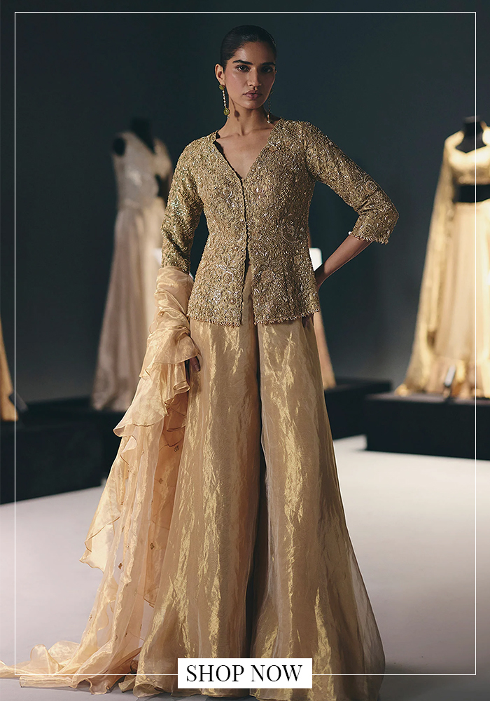 Gold embroidered jacket sharara set