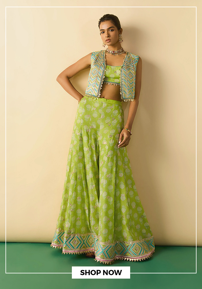 Gopi vaid green embroidered jacket and palazzo set
