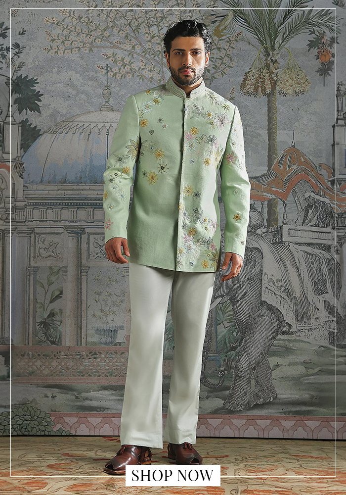 Green linen embroidered bandhgala and trouser set
