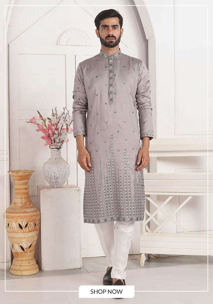 Grey embroidered art silk kurta
