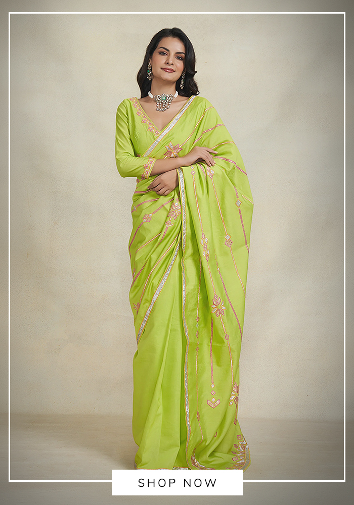 Gulabo by Abu Sandeep Lime Green Gota Embellished Chanderi Saree
