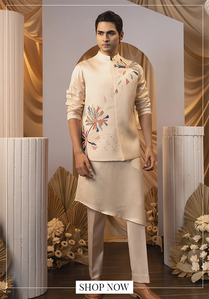 Hand embroidered beige bundi kurta set