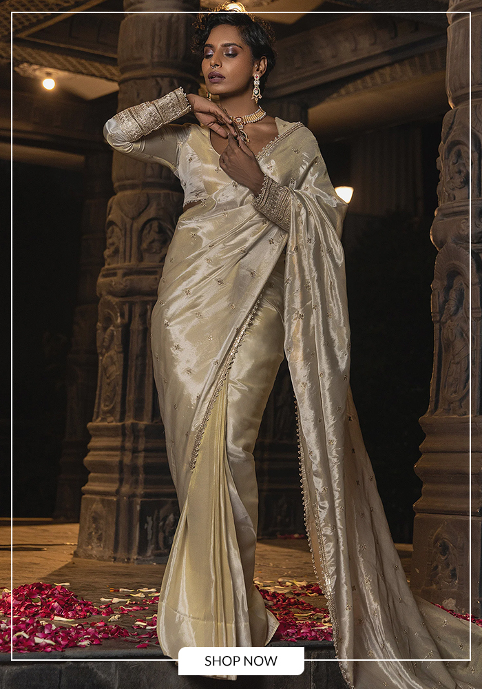 Ivory embroidered silk saree