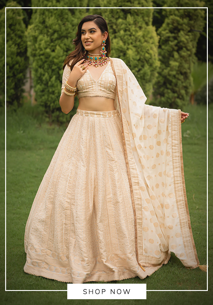 Ivory stripe pattern woven lehenga