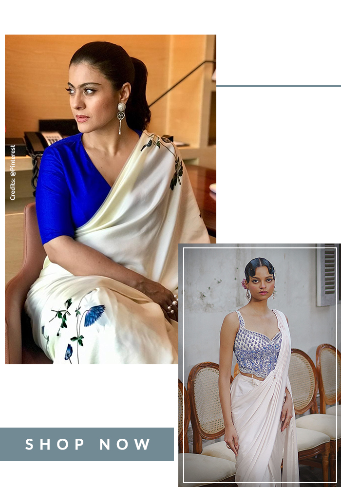 Kajol in a V-neck blue blouse and ivory saree